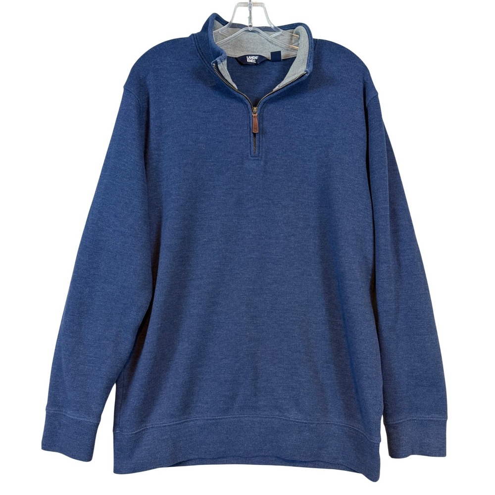Lands End Mens Large Tall Quarter Zip Pullover Heather Blue Mock Neck Sweater